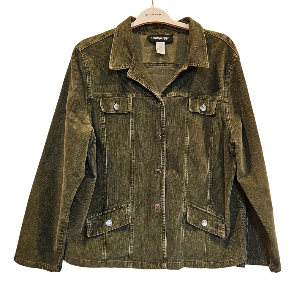 Sag Harbor Vintage Olive Green Corduroy Trucker Jacket Womens XL Cotton  Stretch